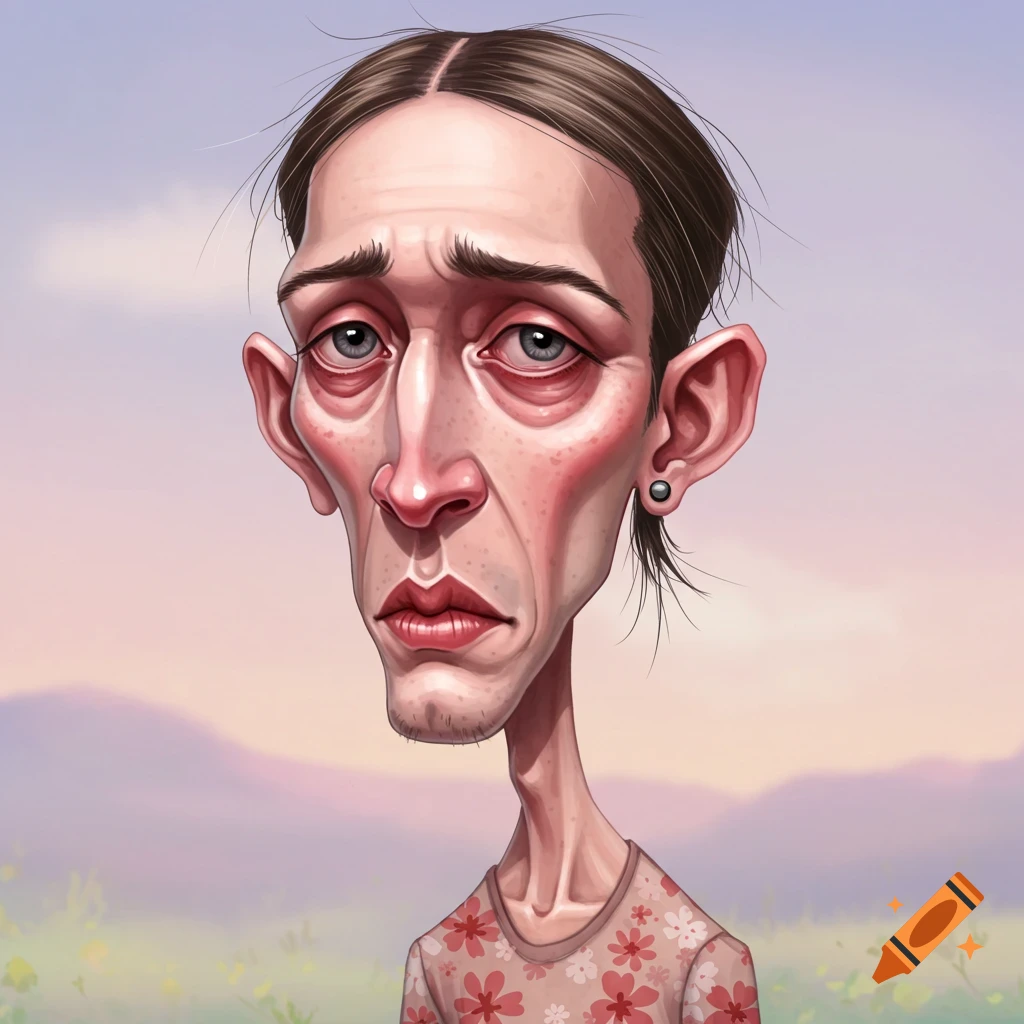 A digital art caricature portrait of a person with an elongated face, large ears, and sad expression, wearing a floral shirt.