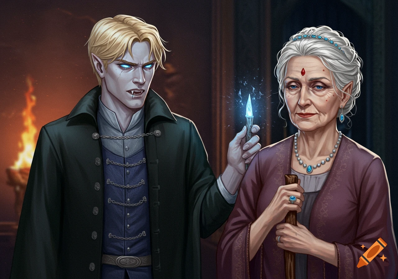 Digital illustration of an angry blonde vampire with glowing eyes and fangs standing next to a calm elderly woman with white hair and pointed ears.