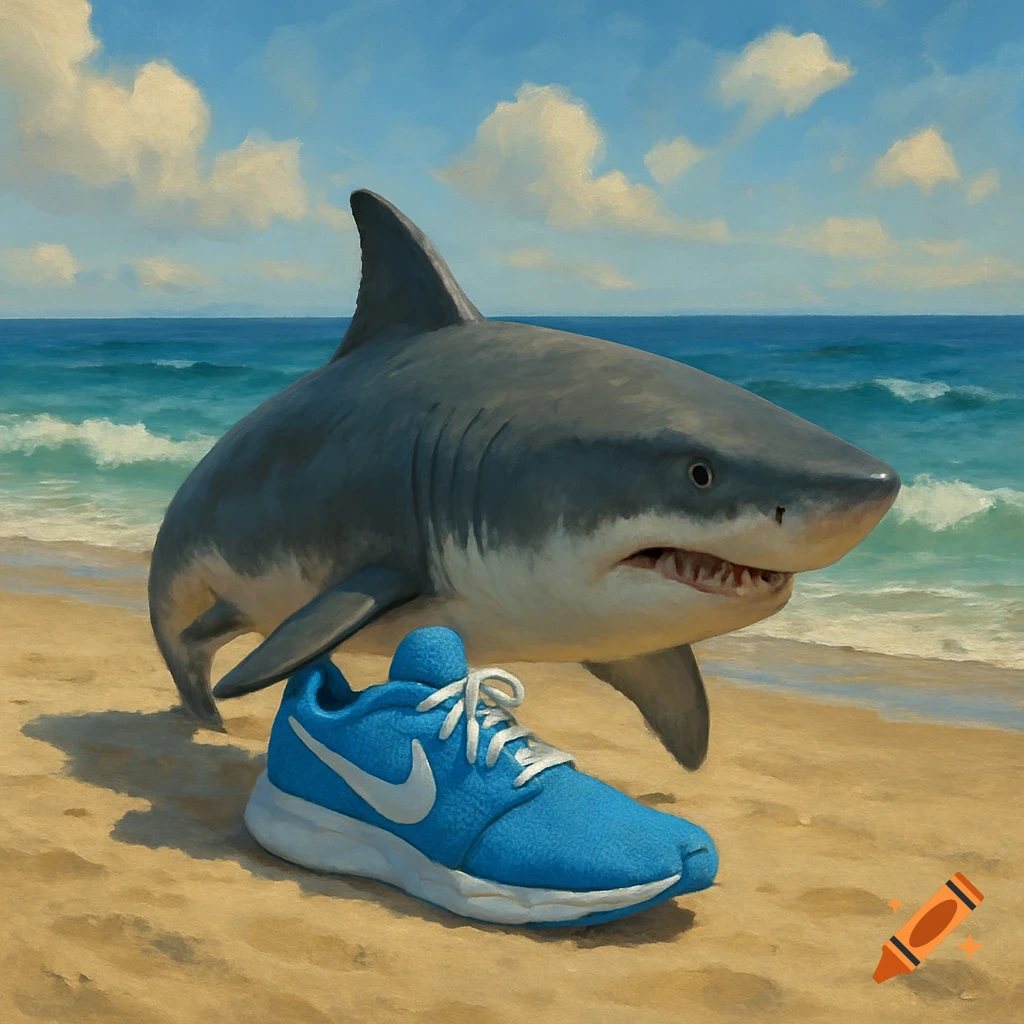 A great white shark stands on a sandy beach next to a blue Nike running shoe with the ocean in the background.