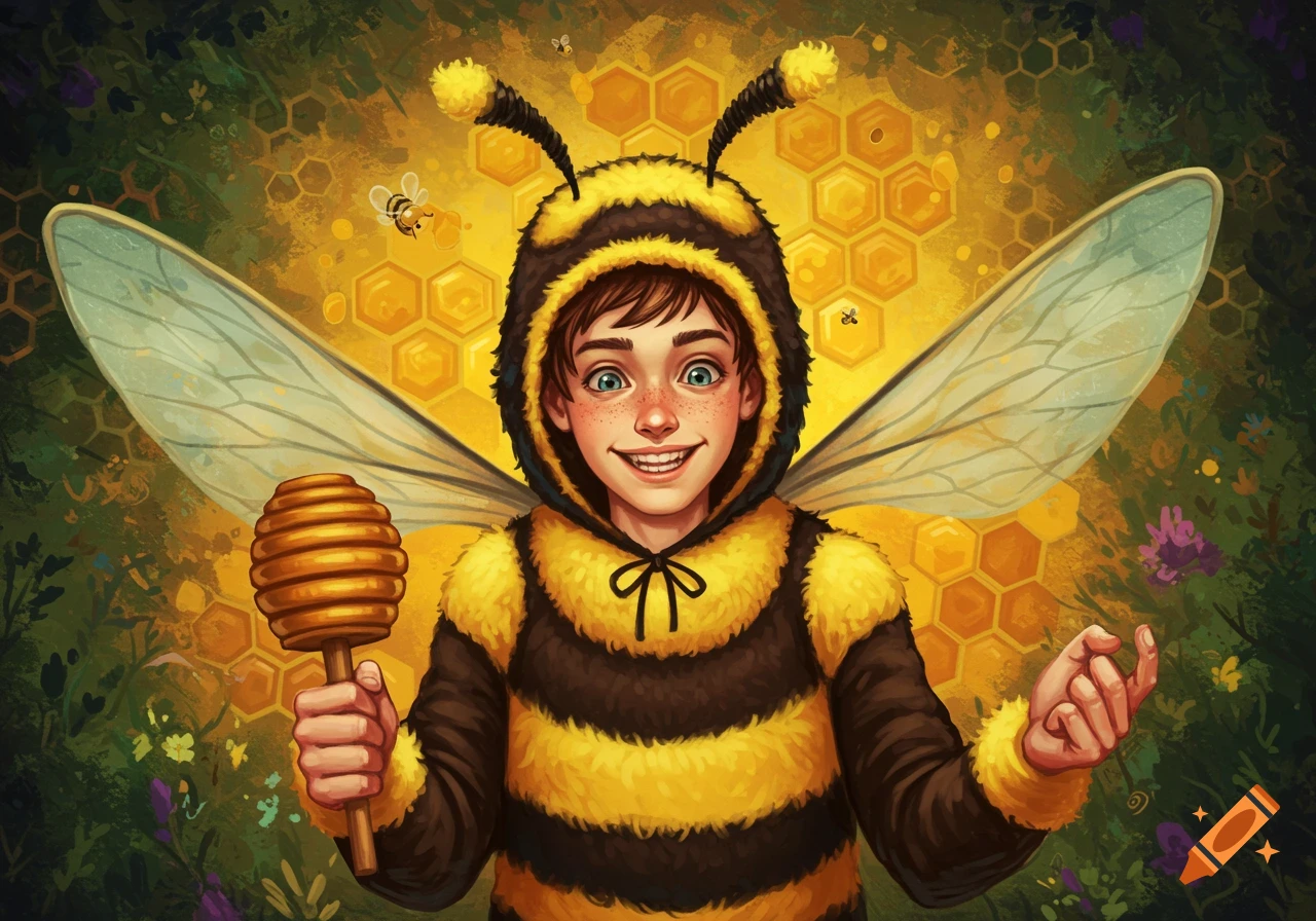 A smiling boy in a fuzzy bee costume holds a honey dipper, set against a vibrant honeycomb and flower background, in an illustration style.