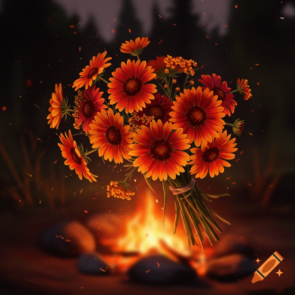 A vibrant bouquet of orange and red flowers tied above a glowing campfire with embers rising in a dark, atmospheric setting.