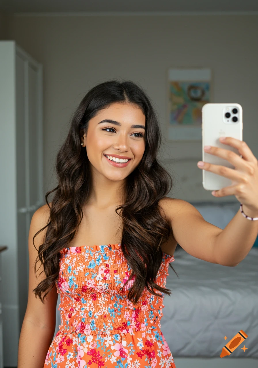 A smiling young woman in a floral top taking a selfie with a phone in a bedroom.