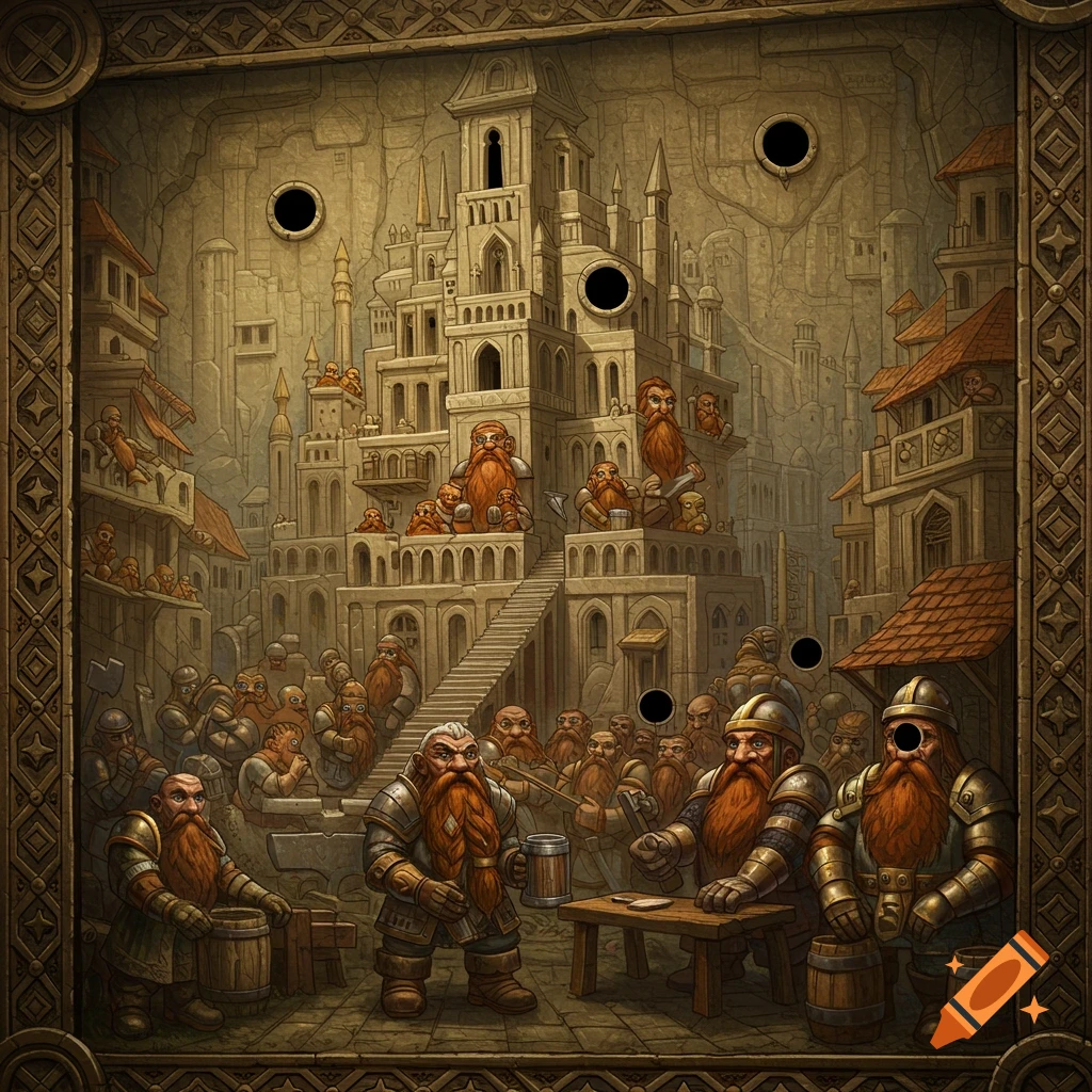 A detailed dwarven wall mural shows a bustling fantasy city with many dwarfs, some having black holes over their eyes.