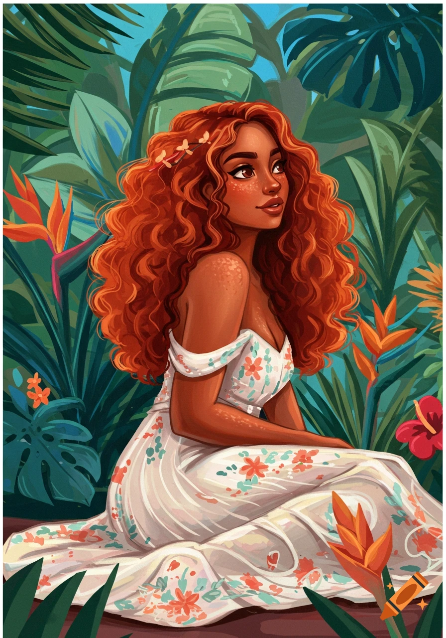 Digital illustration of a woman with curly red hair wearing a floral dress, sitting amidst lush tropical foliage and flowers.