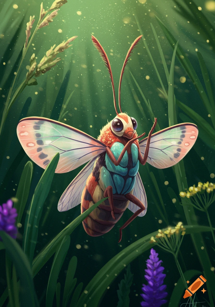 A colorful, whimsical moth-like insect with large eyes and furry orange head, in a lush green grassy field with glowing fireflies.