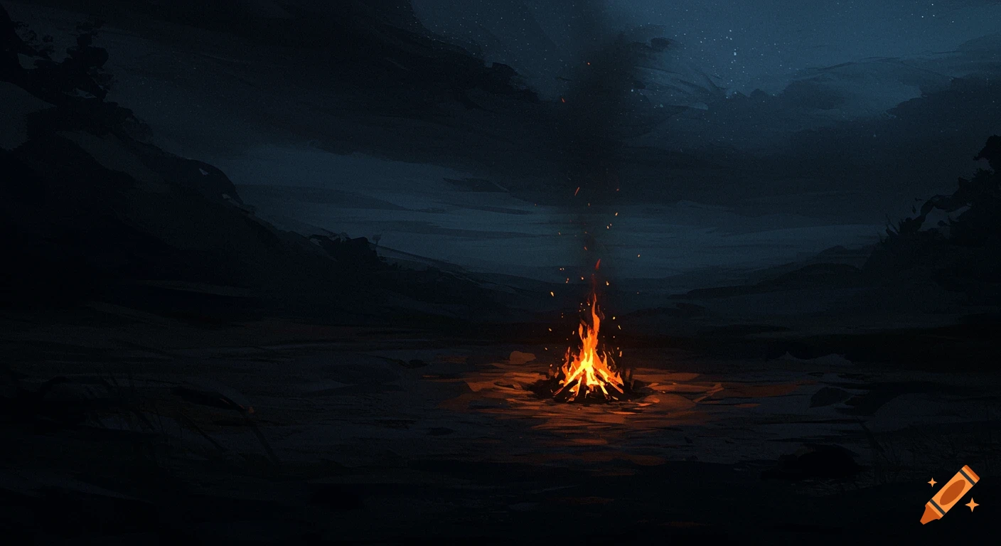 A vibrant campfire glows in a dark, painterly landscape under a starry night sky.