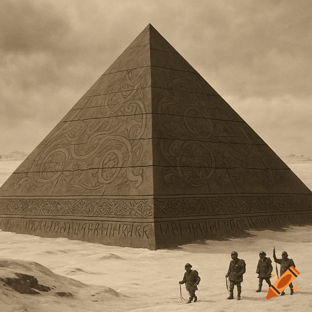 Sepia-toned photograph of explorers approaching a massive basalt pyramid adorned with Norse artwork and runes in a vast snowy landscape.