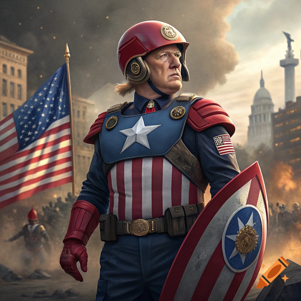 Donald Trump dressed as Captain America, holding a shield, with an American flag and buildings in the background.
