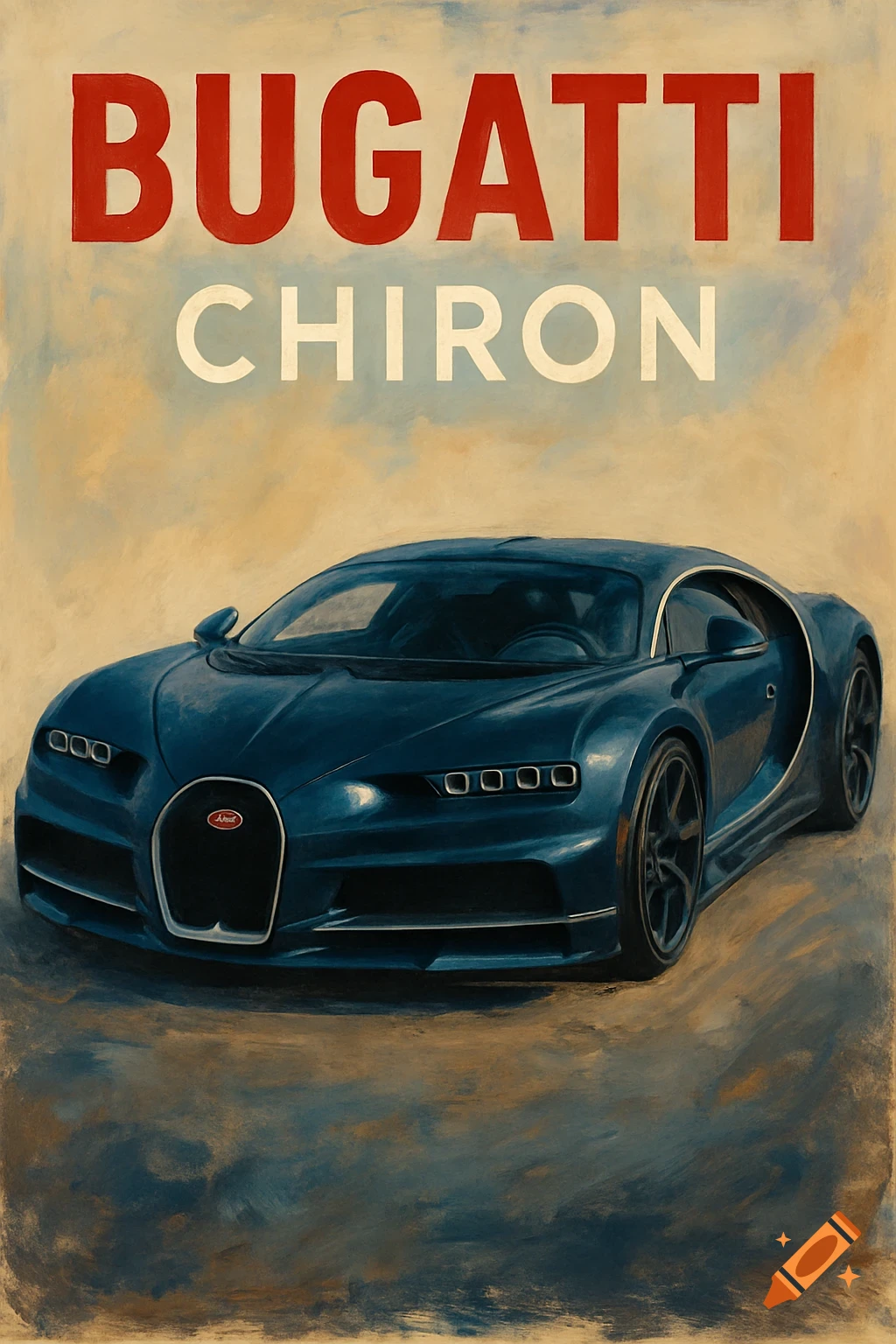 A painterly poster of a dark blue Bugatti Chiron car with the text 'BUGATTI CHIRON' at the top.