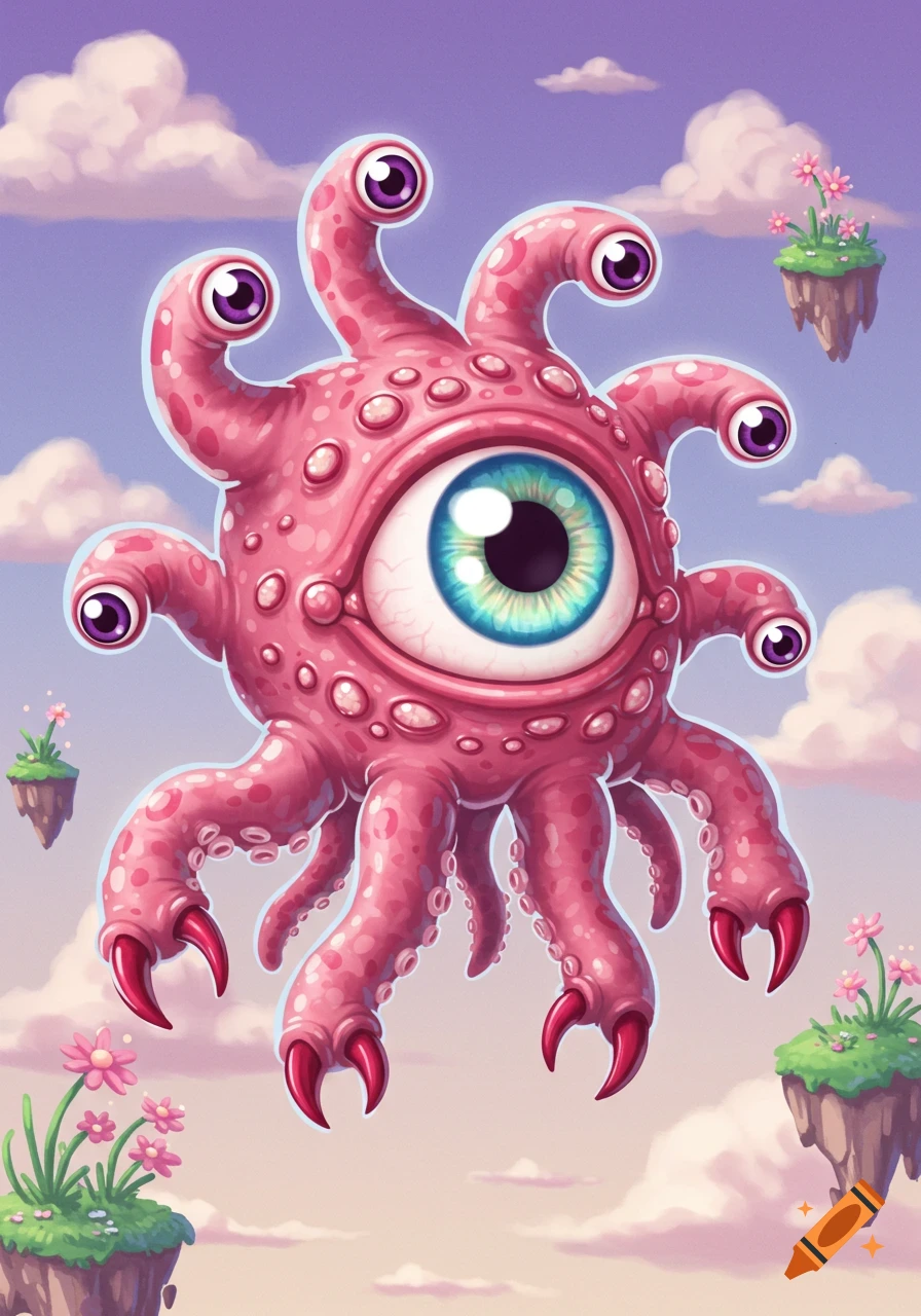 A cute, cartoonish pink beholder-like creature with a large central eye, multiple smaller eyes on stalks, and tentacled limbs with claws, floats among floating islands with pink flowers and clouds in a vibrant sky.