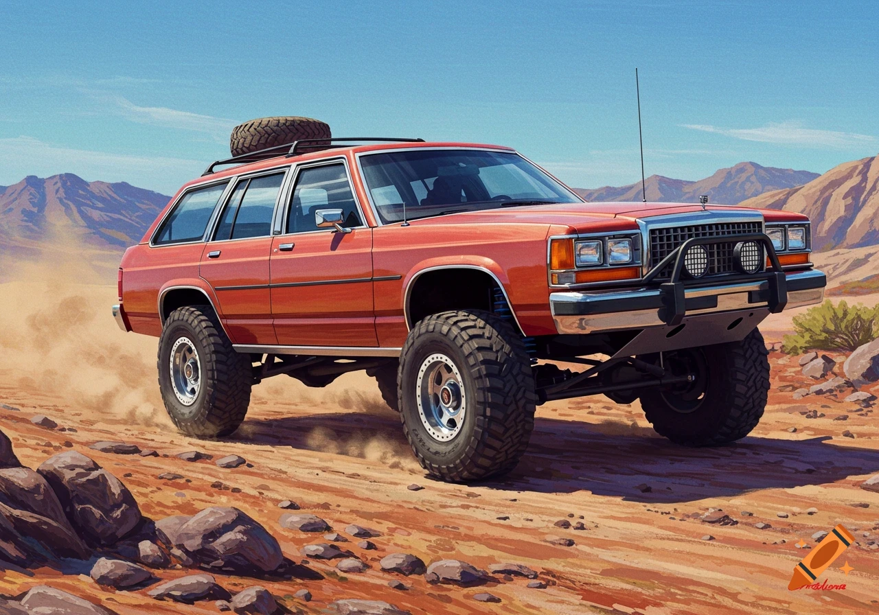 A lifted orange station wagon drives through a dusty, rocky desert landscape with mountains in the background, in an illustrative style.