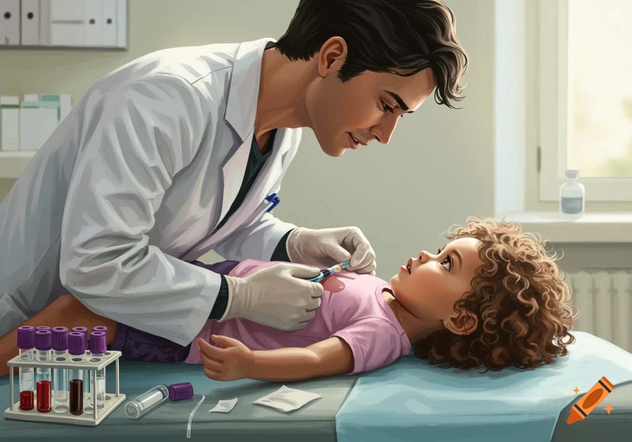 A doctor wearing a white lab coat and gloves takes blood samples from a young child lying on an examination table.