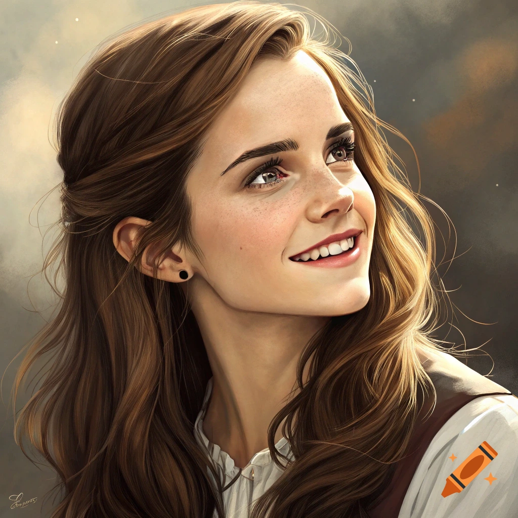 A photorealistic portrait of Emma Watson smiling and looking upwards, with long brown hair.