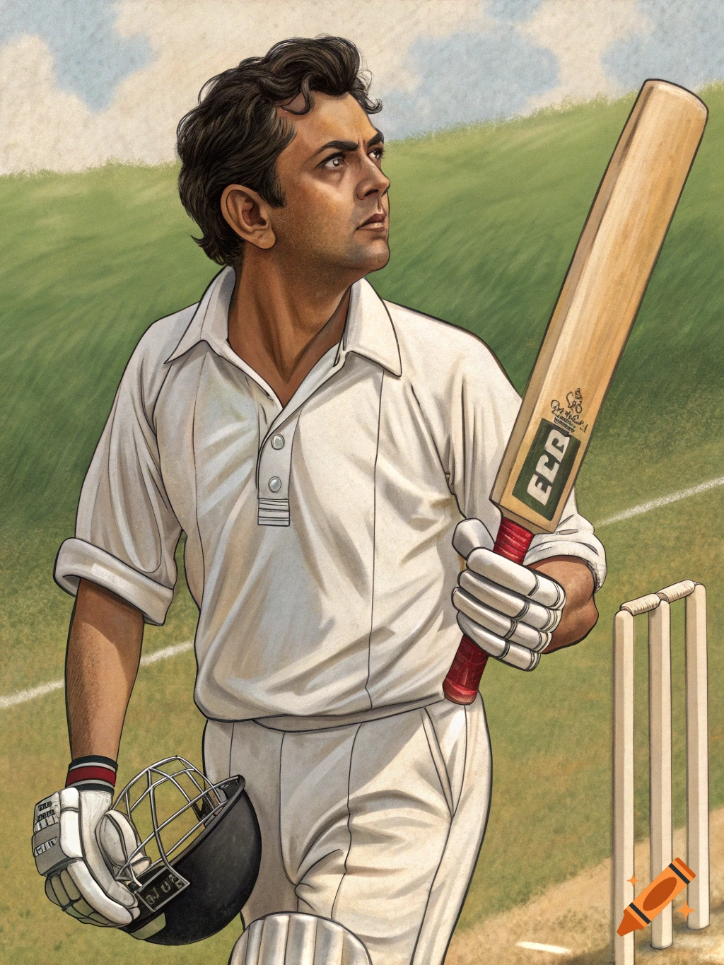 An illustration of a male cricketer in white attire, holding a bat and helmet on a grassy field, looking up.