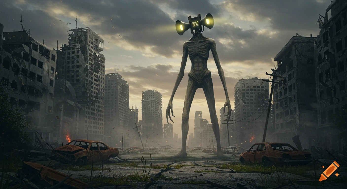 A towering, skeletal Siren Head creature with twin sirens