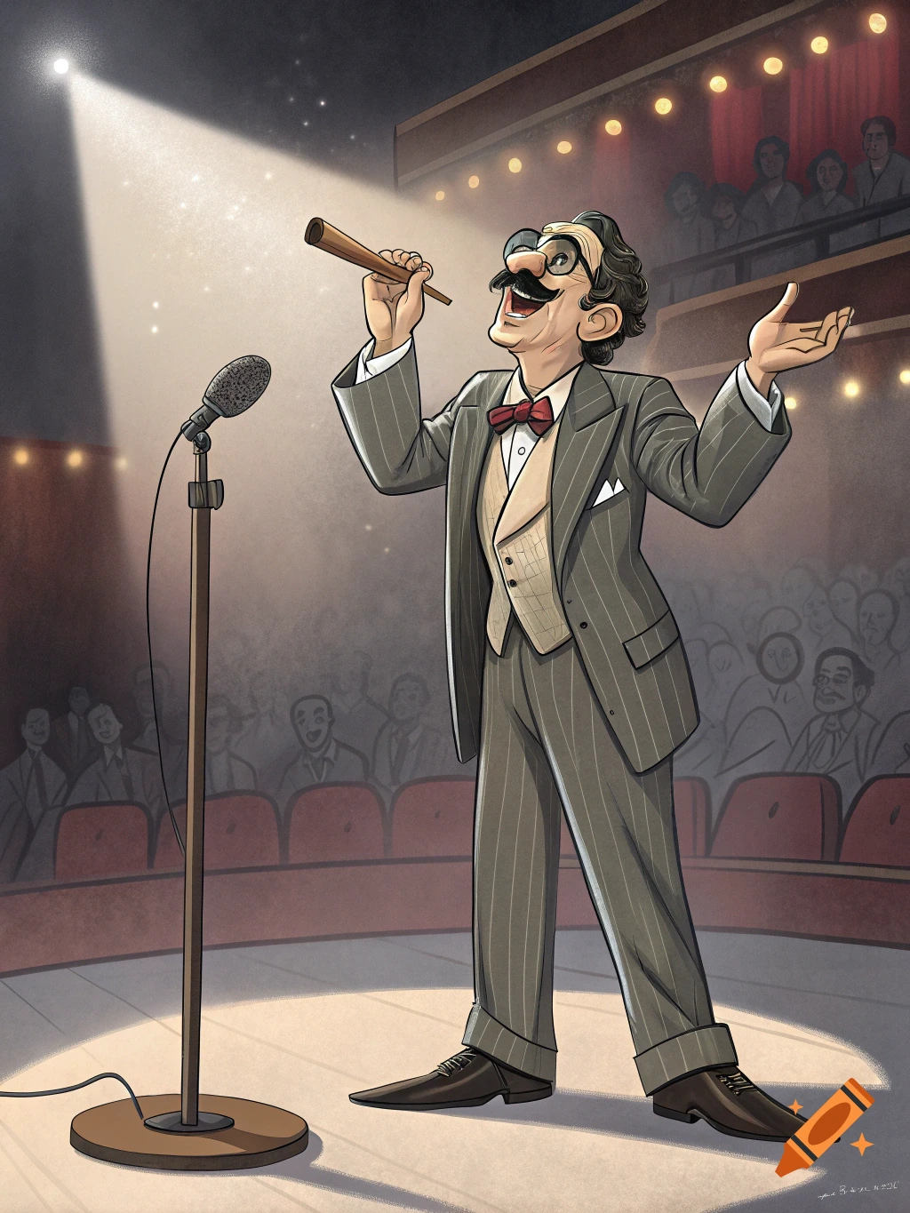 Cartoon illustration of a man resembling Groucho Marx on a stage with a microphone, holding a prop, performing for an audience.
