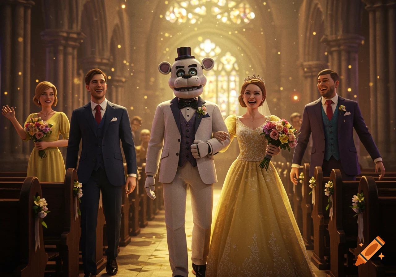A fantasy character resembling Freddy Fazbear in a tuxedo, with a bride and other wedding guests, walking down the aisle in a church.