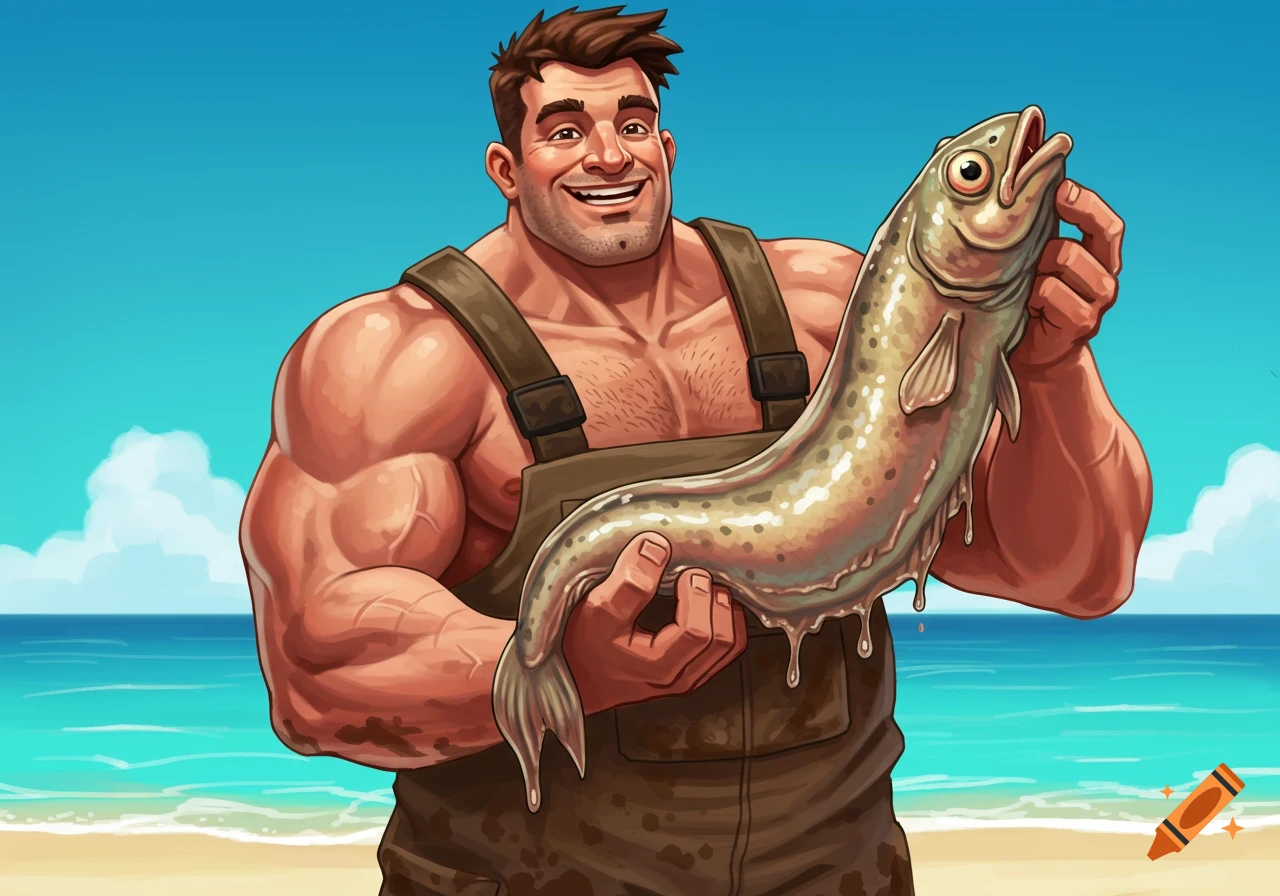 A muscular, smiling man in overalls holds up a large, slimy fish on a beach. Cartoon style.