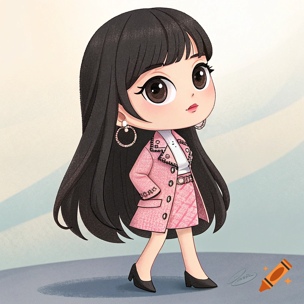 A cute chibi-style illustration of a girl with long black hair in a pink tweed outfit and black heels.