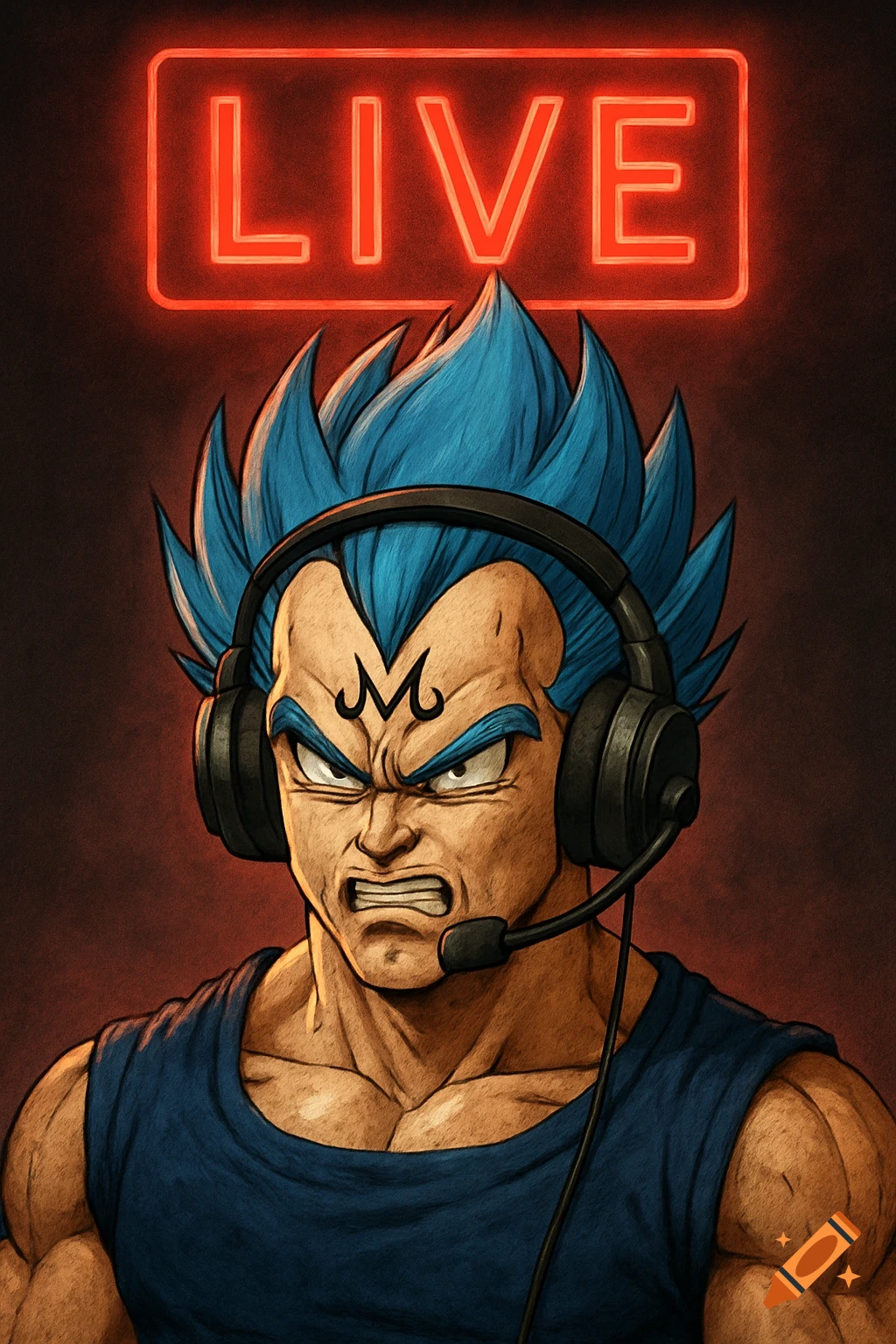 Close-up anime illustration of angry Majin Vegeta in a gaming headset under a red 'LIVE' neon sign.