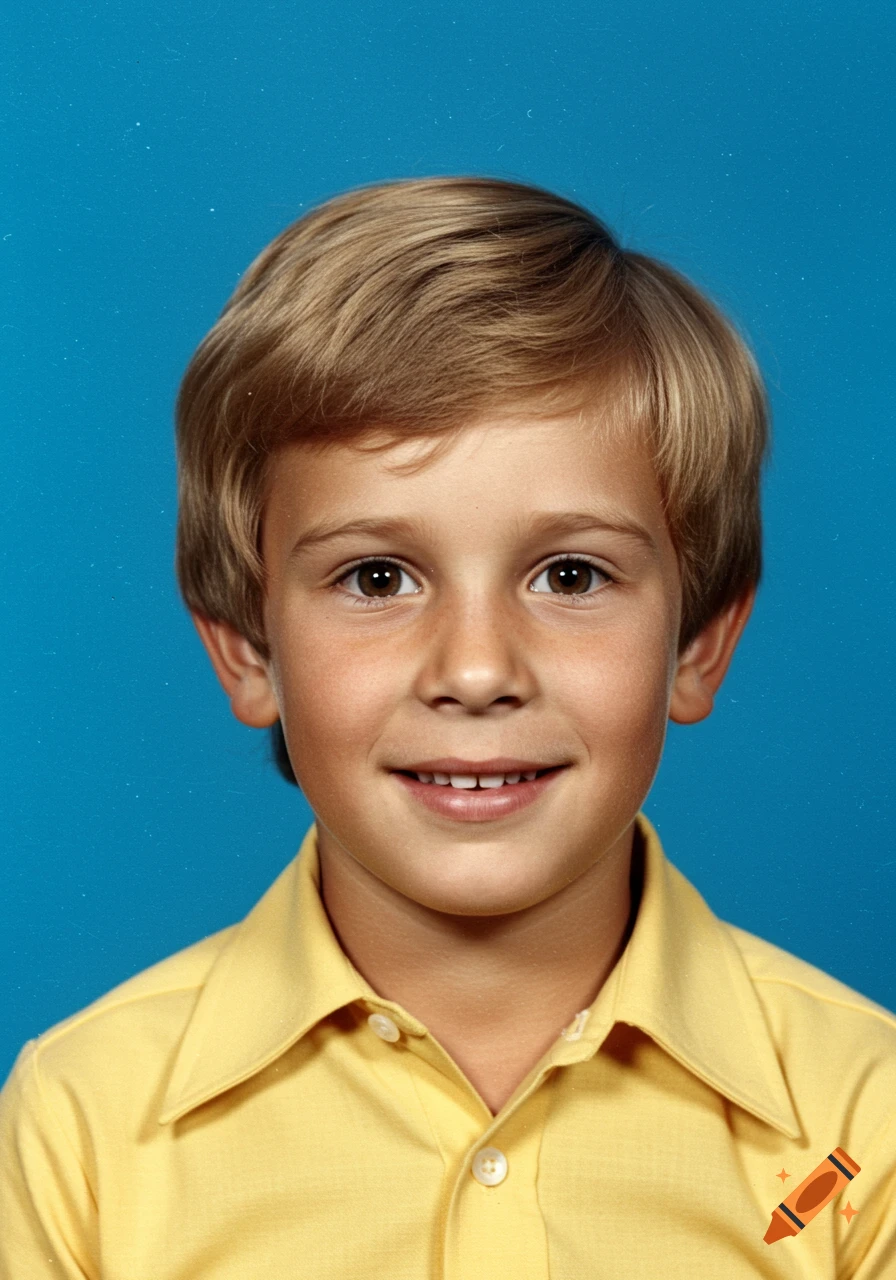 Smiling little boy with blonde hair and brown eyes in a yellow shirt, set against a blue background in a 1970s yearbook style.
