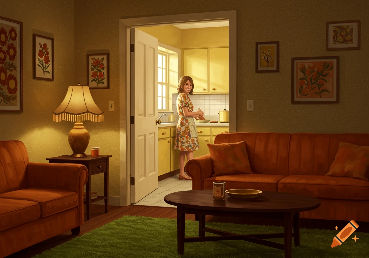 A woman smiles from a 1970s style kitchen, seen through a doorway from a dimly lit living room with orange sofas and a green rug.