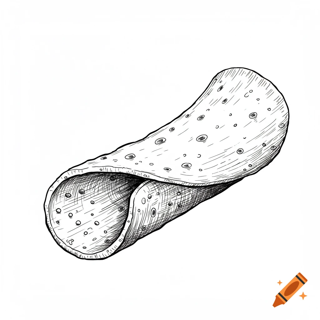 A black and white line art drawing of a rolled tortilla chip.