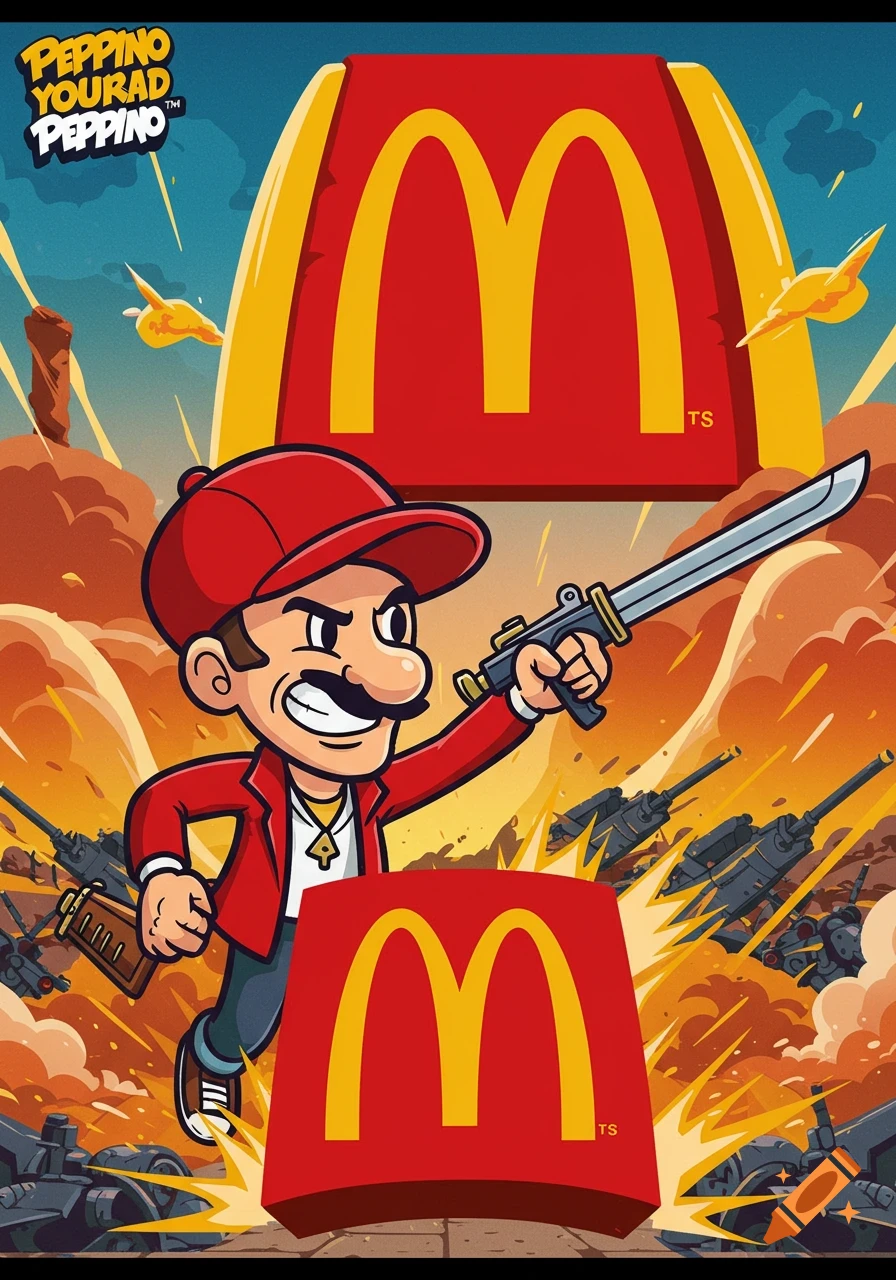 A cartoon character resembling Mario, wearing a red cap and jacket, holds a sword-gun hybrid amidst a battlefield with tanks and explosions, framed by McDonald's arches.