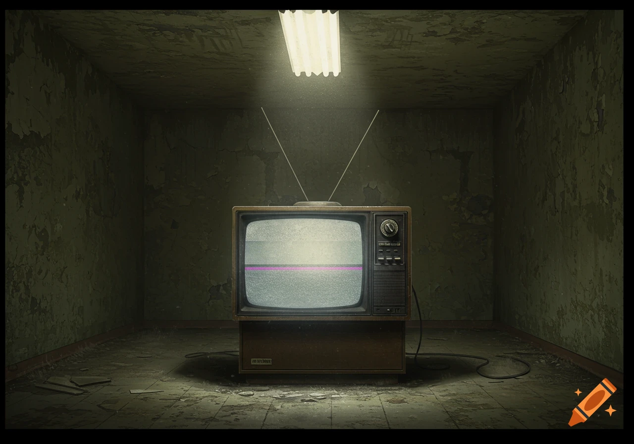 An old television set with static on its screen sits in the middle of a dark, abandoned room with peeling walls, illuminated by a single fluorescent ceiling light.