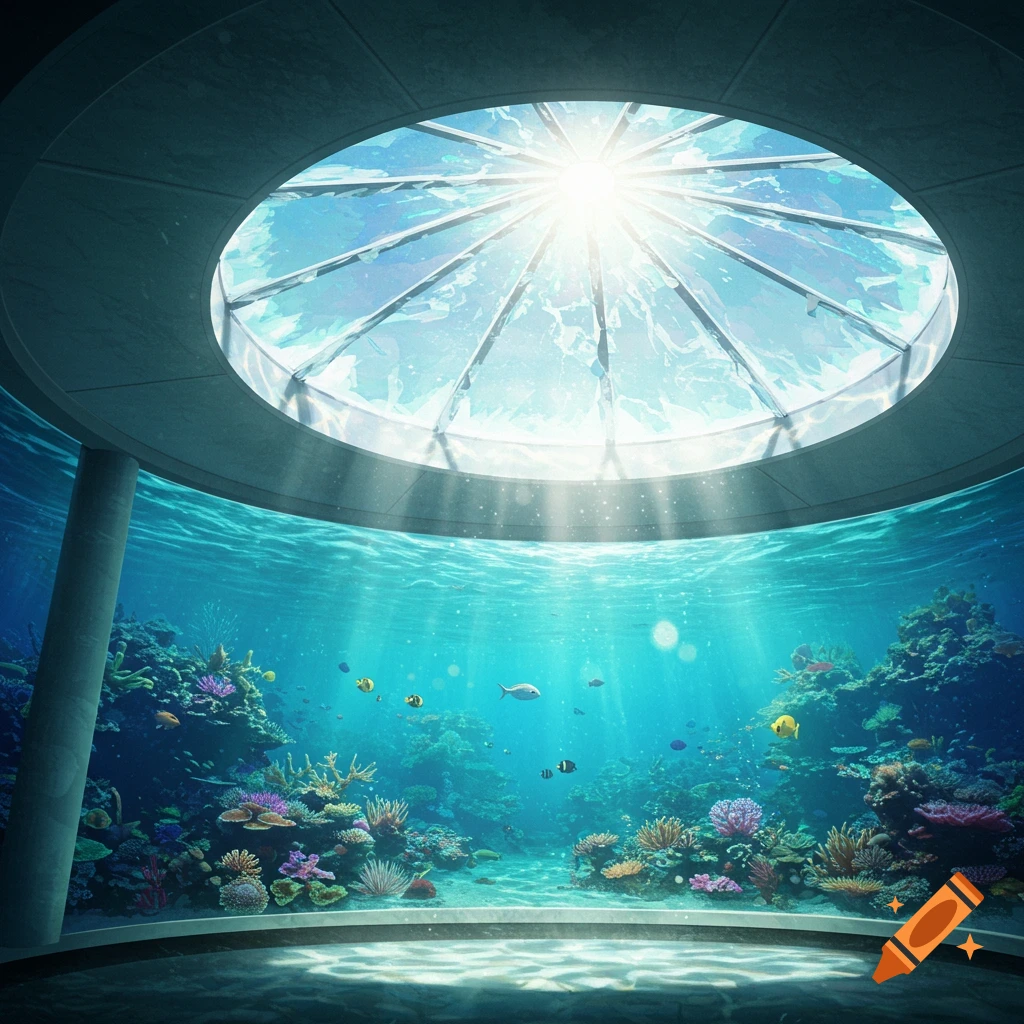 A vast circular underwater aquarium room features a large, round skylight above, illuminating colorful coral reefs and various fish.