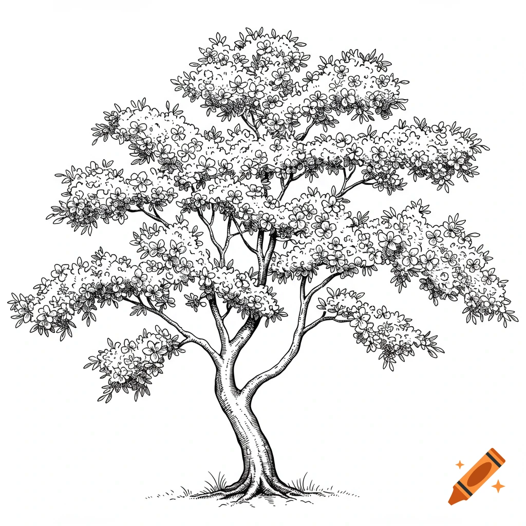 A detailed black and white sketch of a cherry blossom tree.
