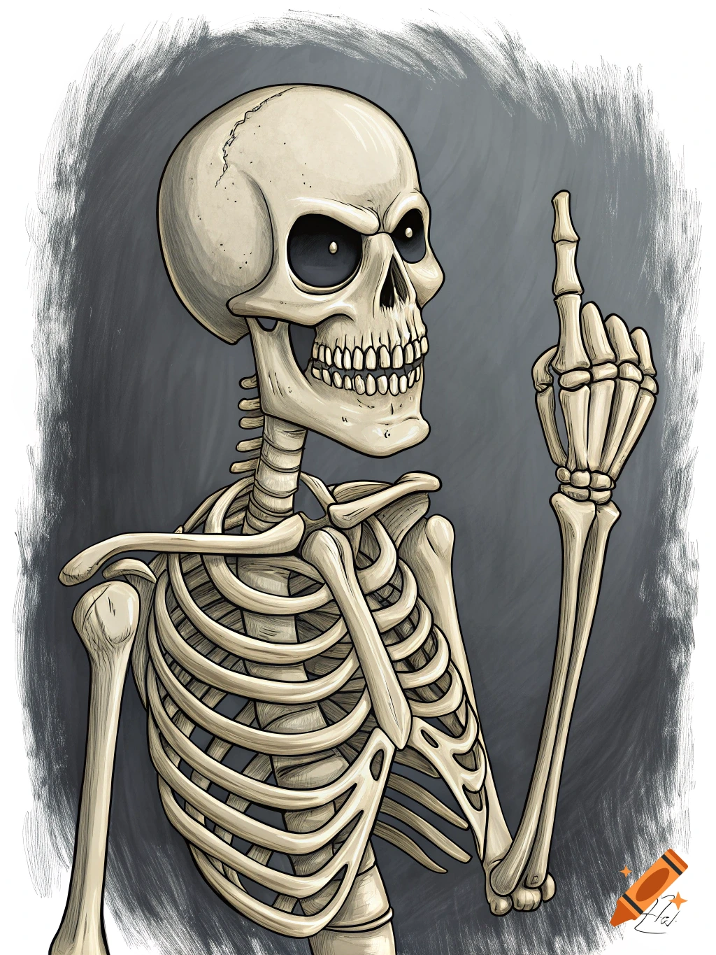 A stylized illustration of a skeleton pointing its right index finger upwards against a dark, textured background.