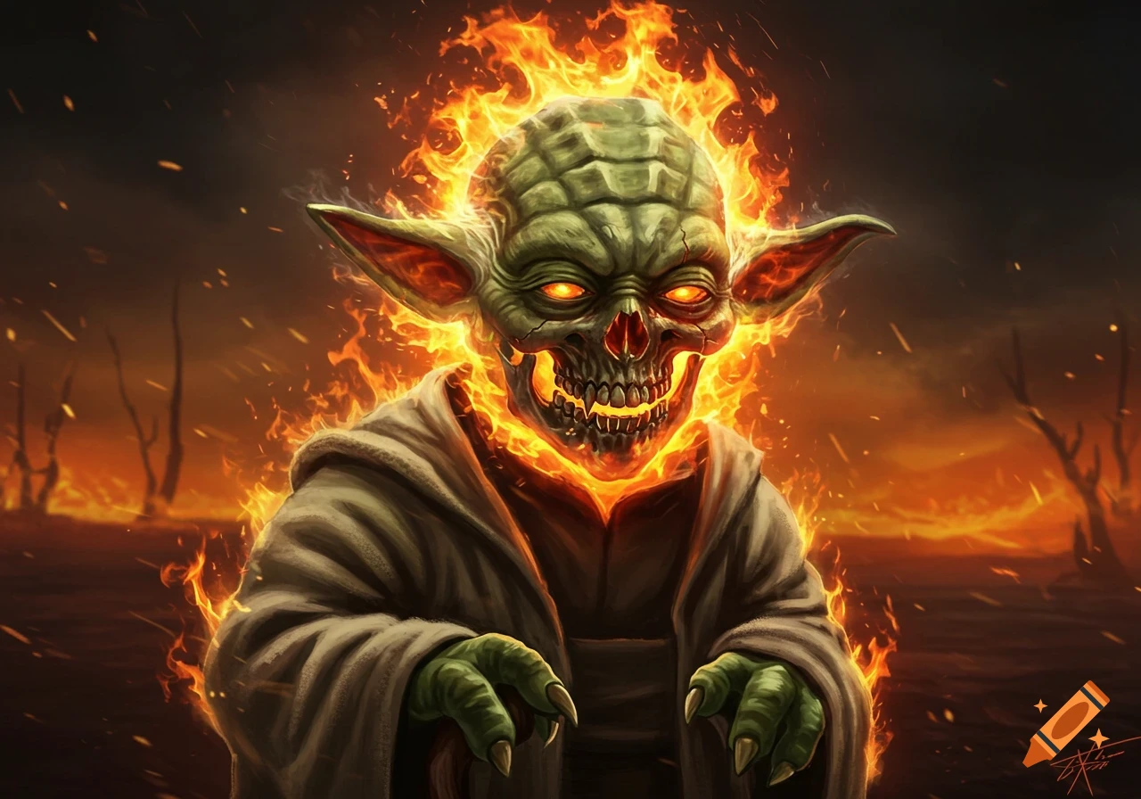 A terrifying, skull-faced Yoda with a flaming head and hands stands in a desolate, fiery landscape.