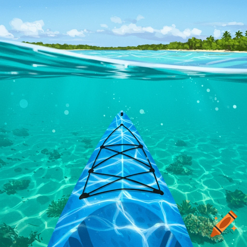 A blue kayak on clear turquoise water, with a split view showing the underwater scene and a distant tropical island under a blue sky.