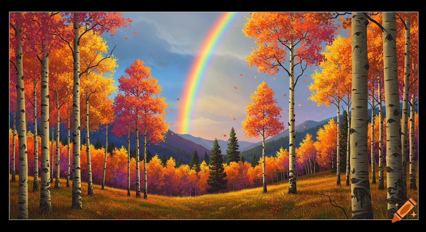 Vibrant autumn aspen trees in a forest with a bright rainbow arching over distant mountains under a blue sky.