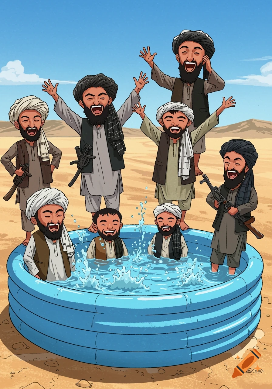 Cartoon men resembling Taliban members happily play and splash in a blue inflatable pool in a desert, some holding rifles.
