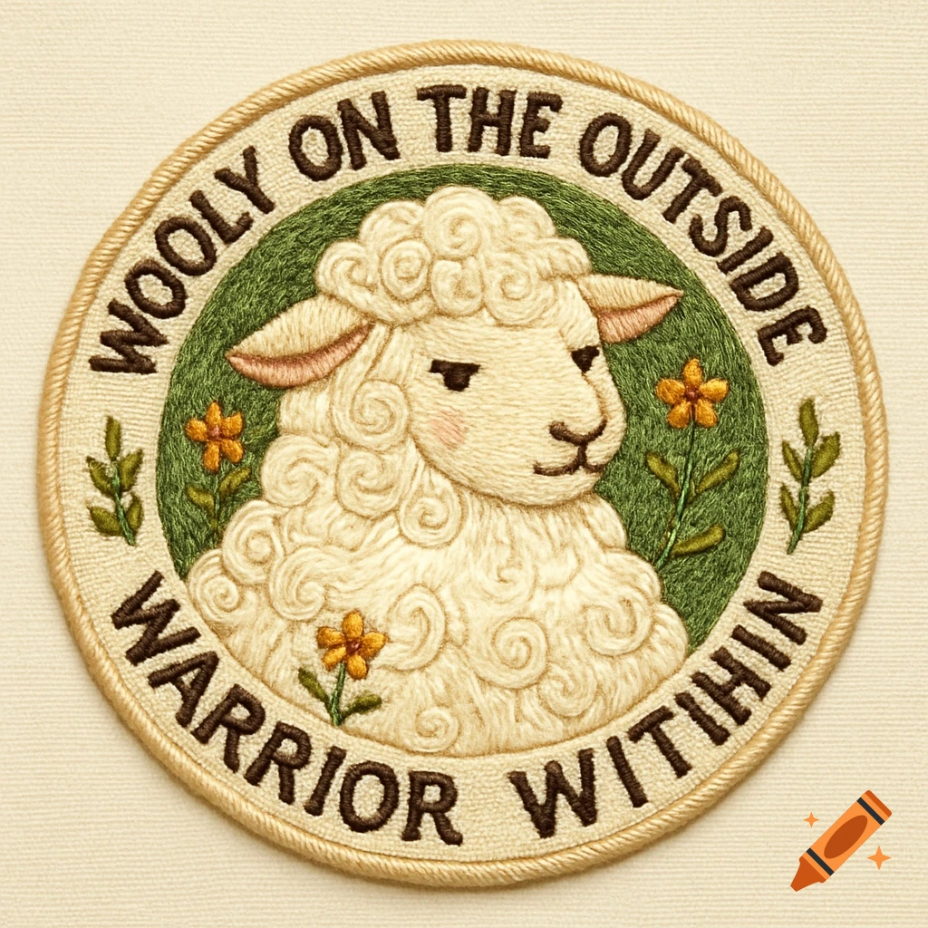 A whimsical embroidered patch featuring a sheep, flowers, and the text 'WOOLY ON THE OUTSIDE WARRIOR WITHIN'.