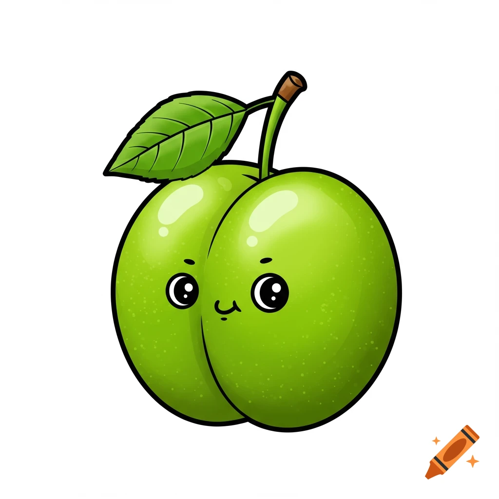A cute, cartoon green plum with a face, including large eyes and a small mouth, on a white background.