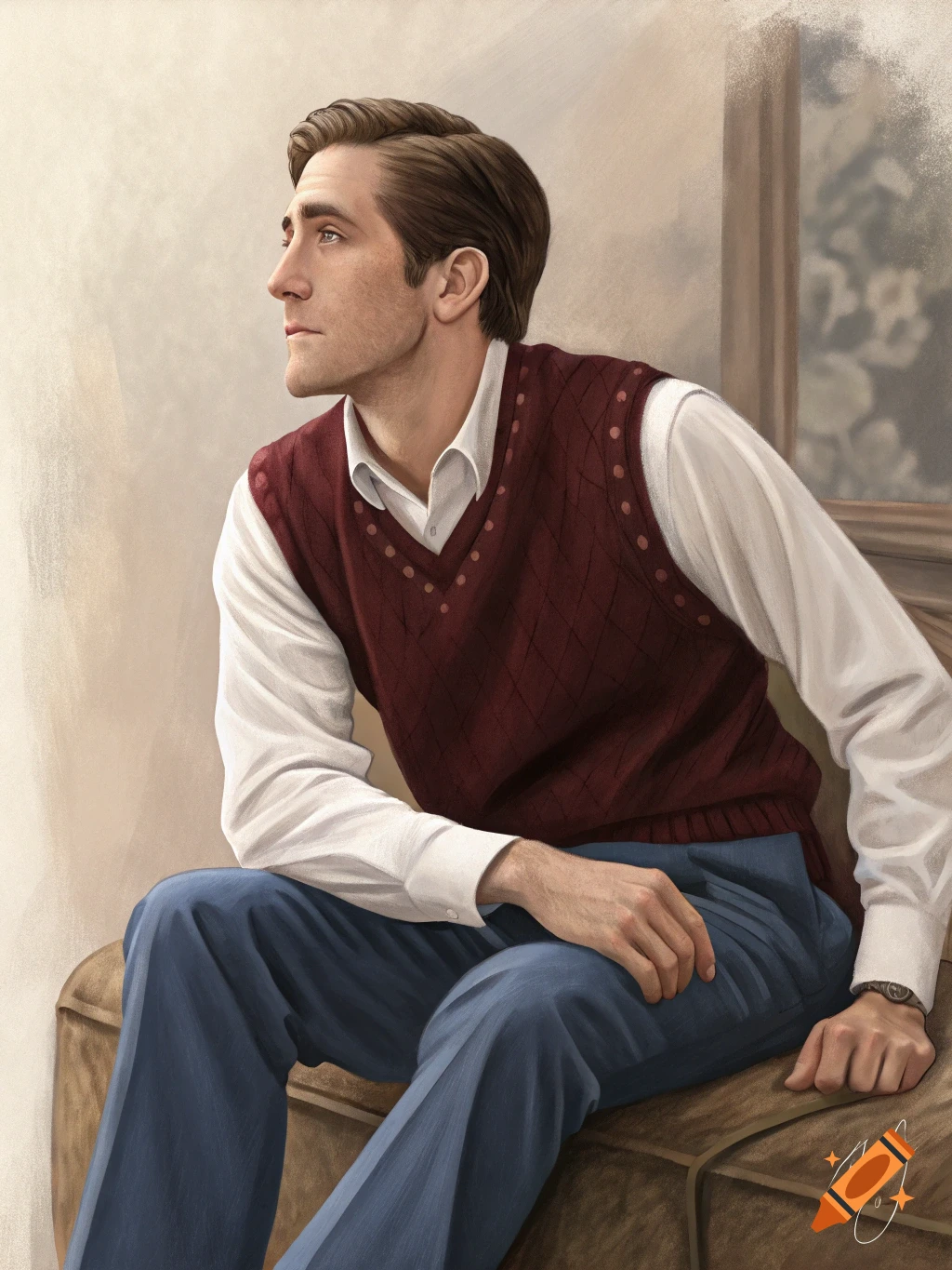 A realistic digital painting of Jake Gyllenhaal in a maroon sweater vest and blue pants, sitting on furniture, looking left.