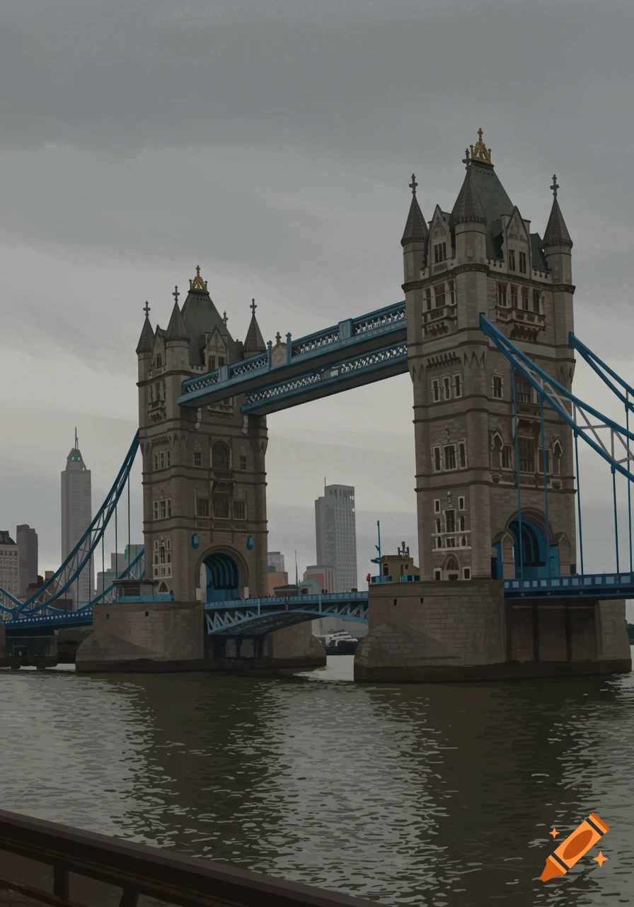 Tower Bridge in London under an overcast sky, with the city skyline in the background, rendered in a digital painting style.