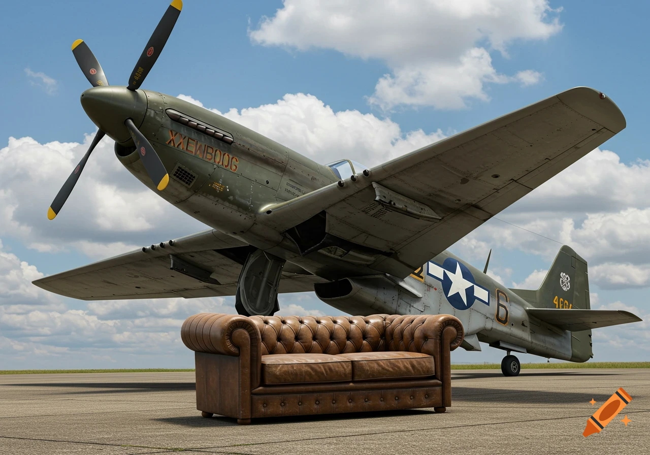 A brown leather couch sits on an airfield with a large green military propeller plane under a blue sky.