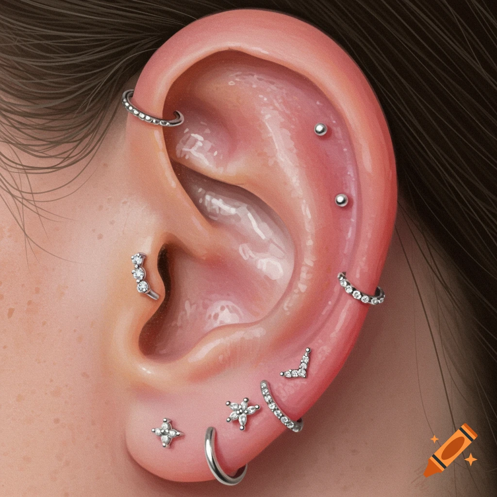 Illustration of a human ear with multiple silver dainty feminine piercings, including hoops, studs, and diamond-encrusted pieces.