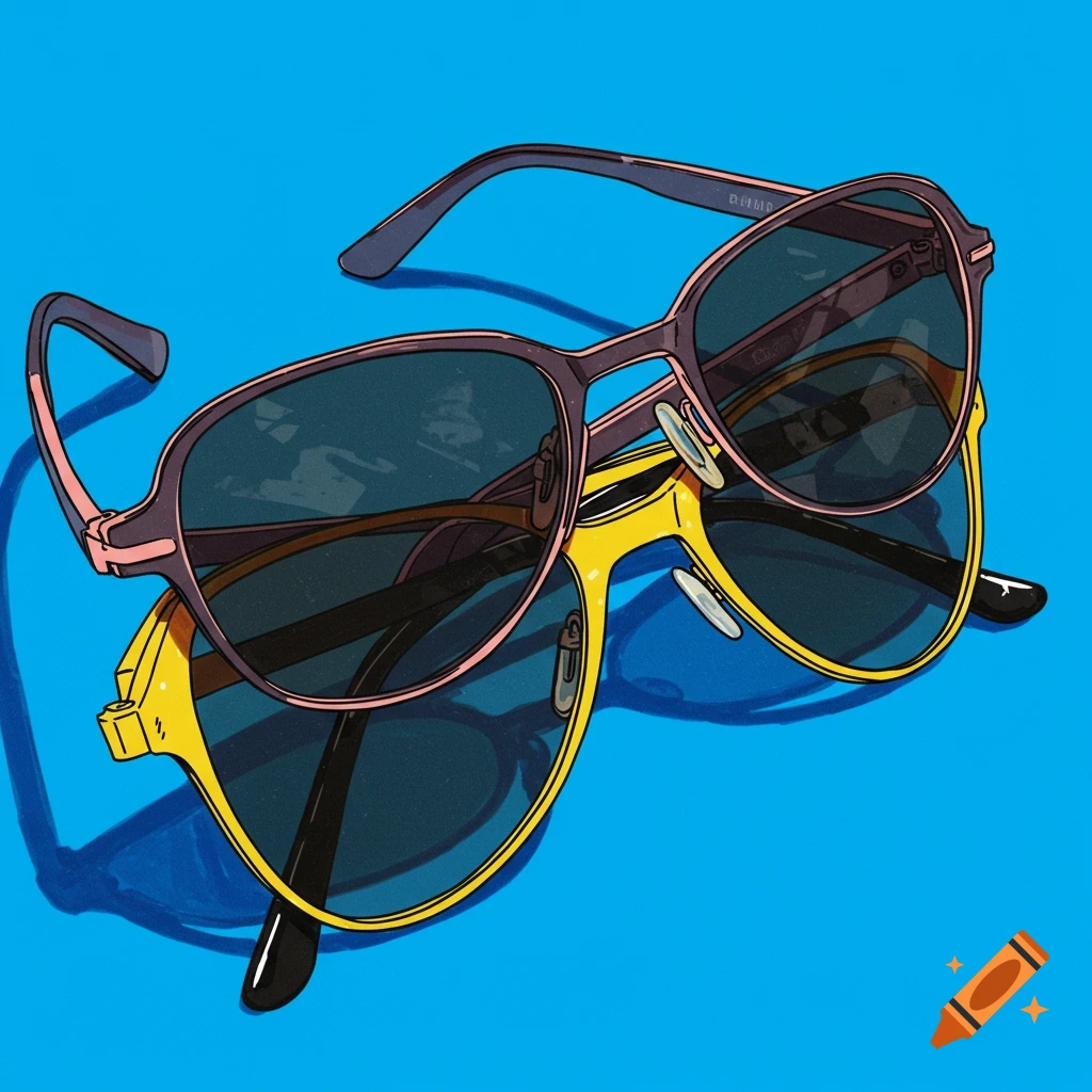Two pairs of sunglasses, one purple and one yellow, stacked on a bright blue background in an illustrative style.