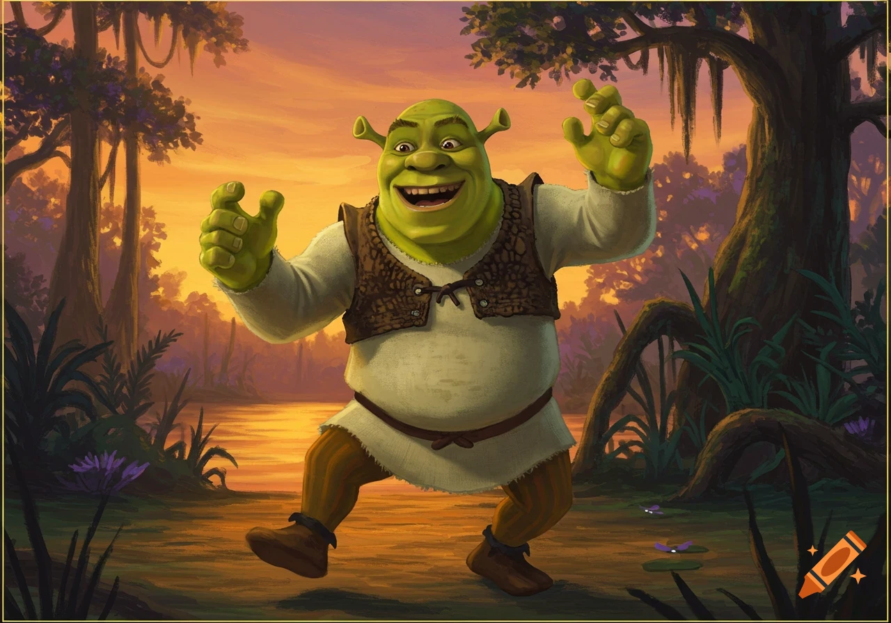 Shrek dances joyfully in a vibrant swamp at sunset, raising his hands with a wide grin.