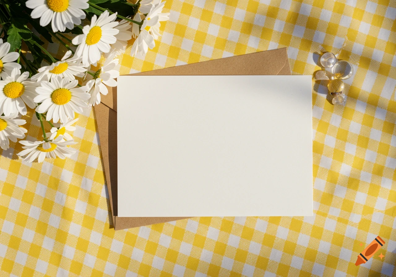 Blank invitation card on a brown envelope, surrounded by white daisies, all on a yellow and white checkered picnic cloth. Photorealistic.
