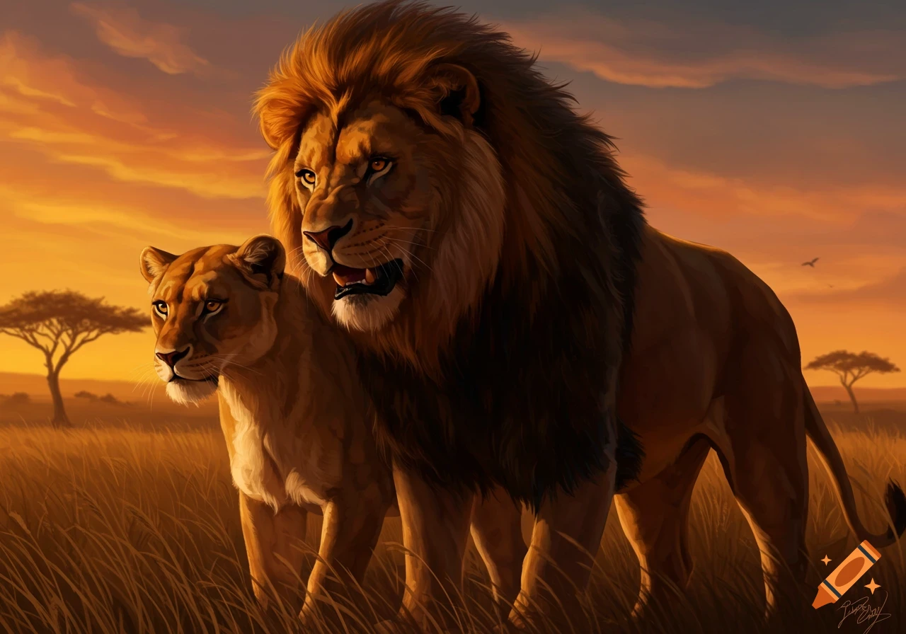A majestic male lion and a lioness stand in a golden savanna at sunset.
