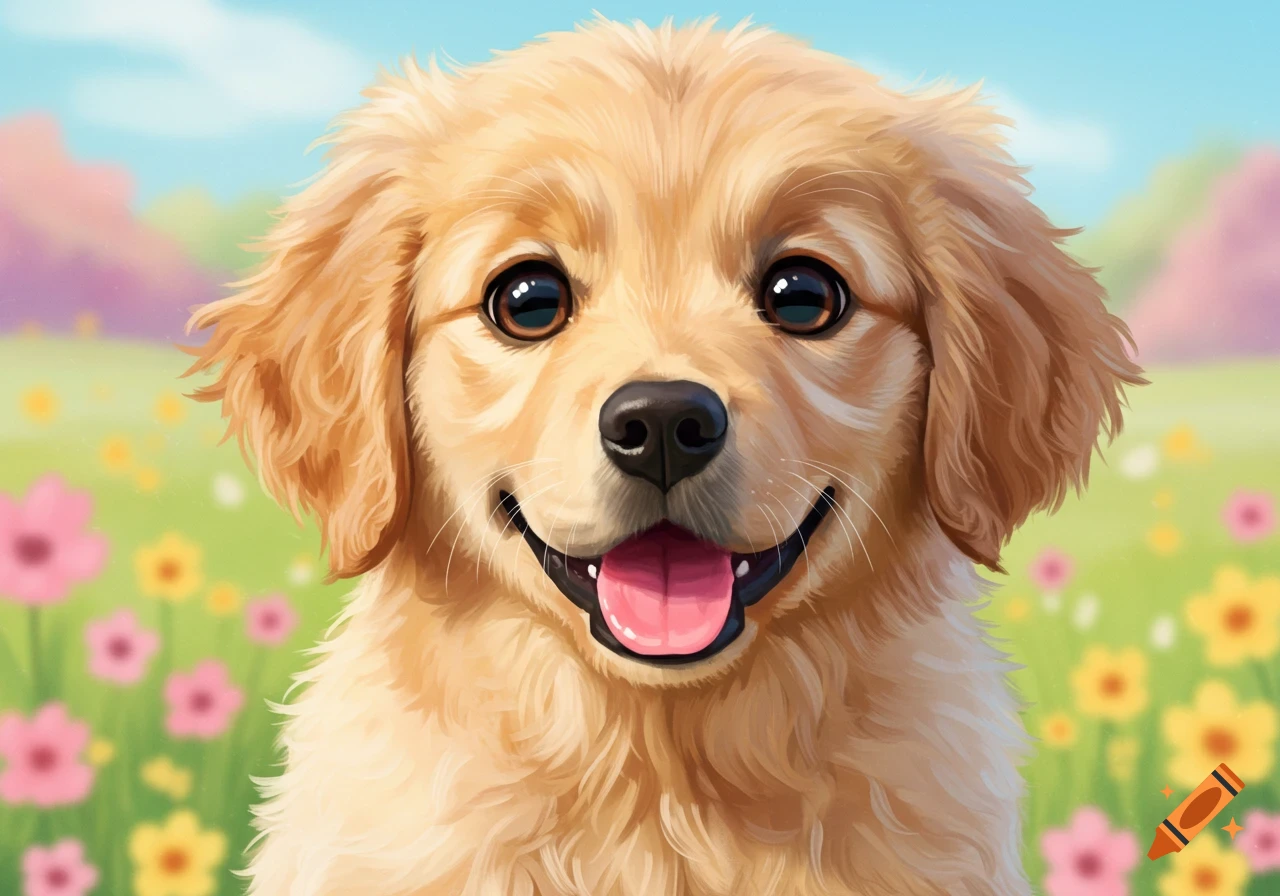A happy golden retriever puppy with big eyes smiles in a colorful flower field.