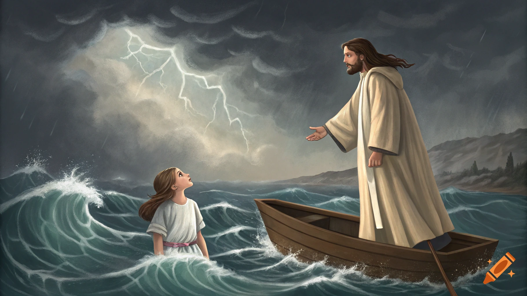 Digital illustration of Jesus walking on stormy water next to a boat, reaching out to a girl in the waves as lightning strikes.
