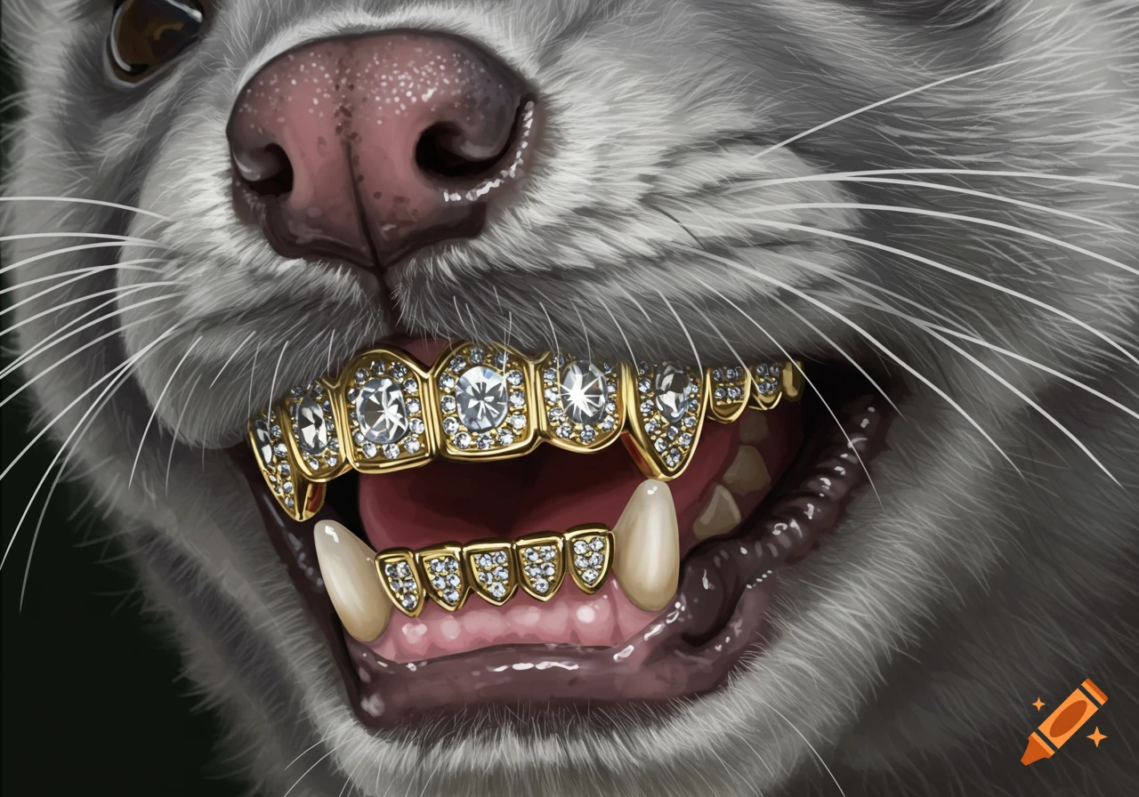 Close-up of a grey mink's mouth showing gold and diamond grills over its teeth.