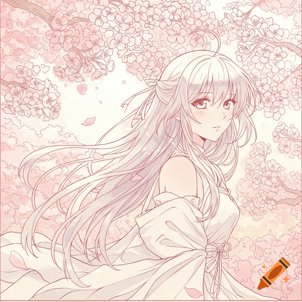 Anime girl with long white hair in a white dress surrounded by pink cherry blossoms in an aesthetic line art style.